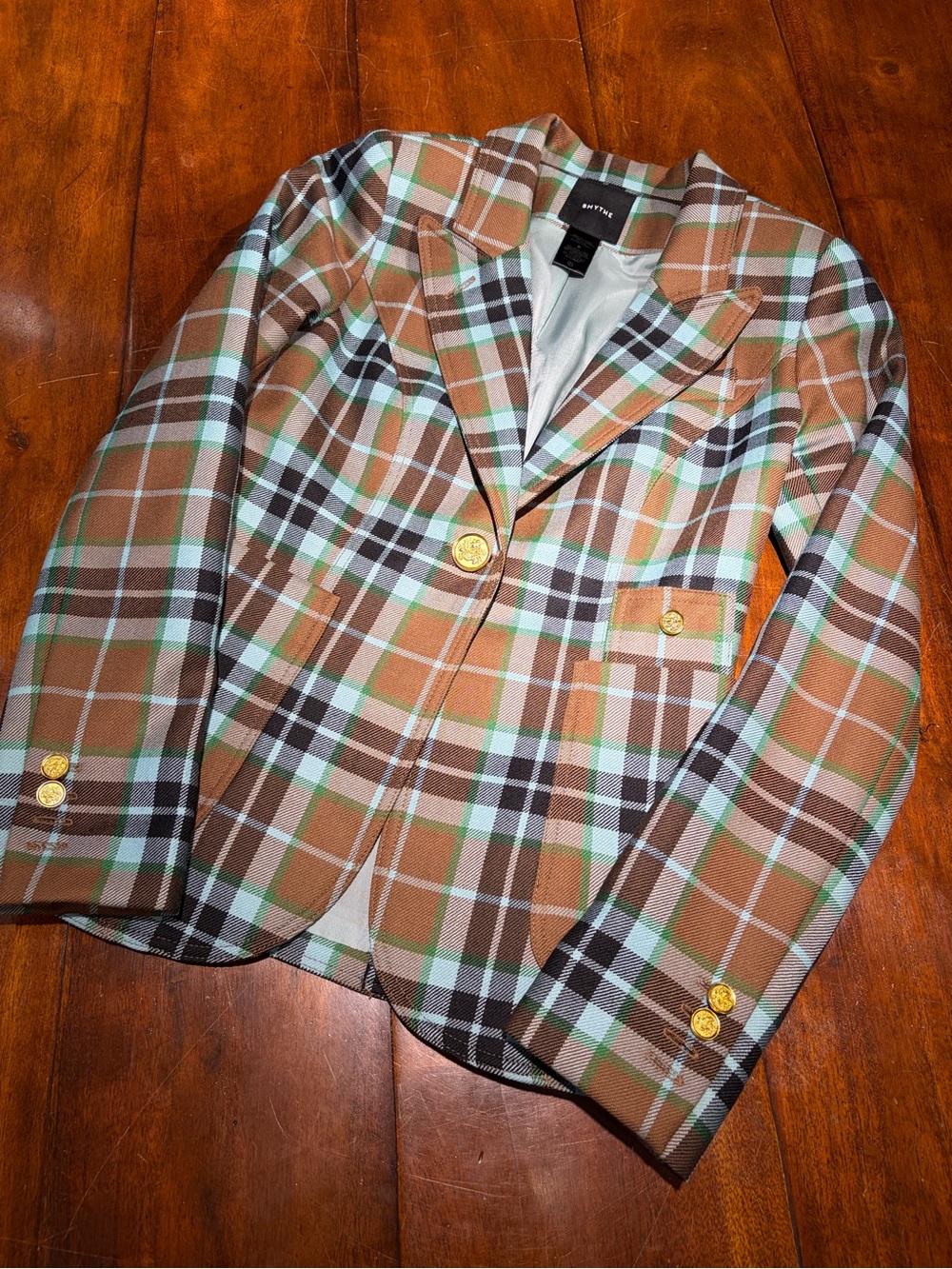Smythe Brown Plaid Blazer with Mint, Black and Camel Checks